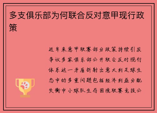 多支俱乐部为何联合反对意甲现行政策