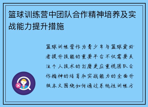 篮球训练营中团队合作精神培养及实战能力提升措施